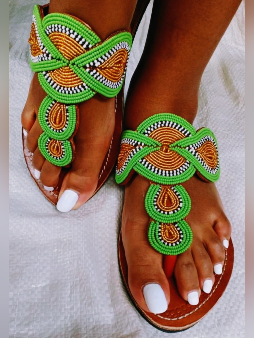 Hancrafted leather beaded Green multicolored sandals size 8.5